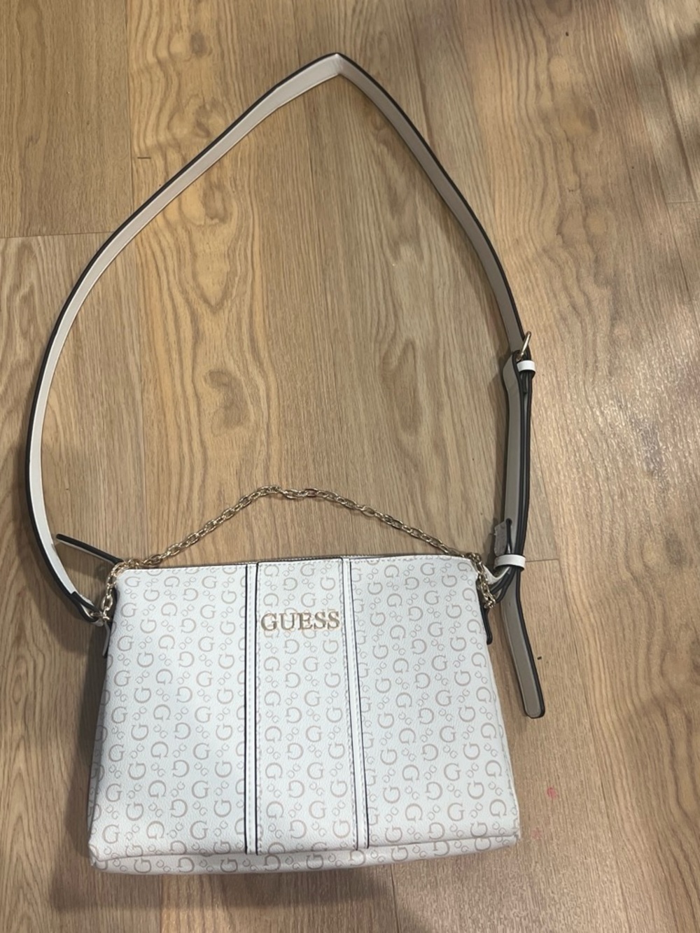 GUESS White Logo Print Crossbody with Gold Chain Detail